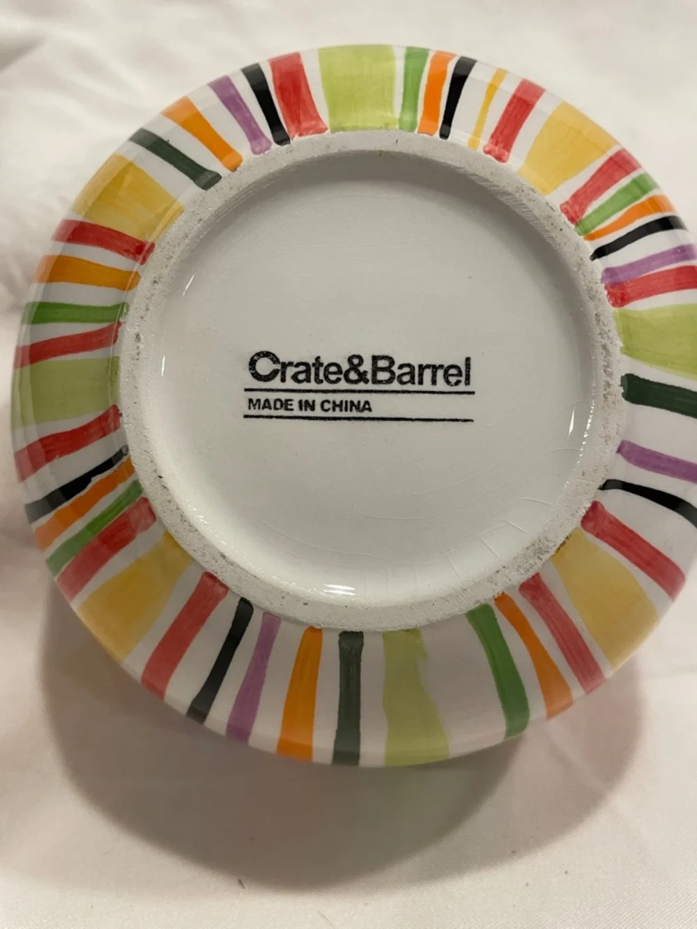 Crate&Barrel Yellow and Red Striped Ceramic Serving Bowl